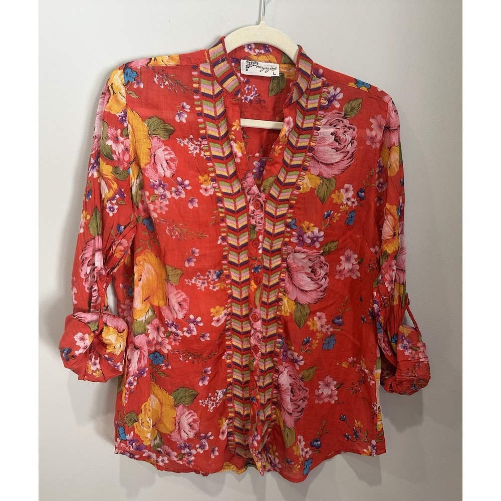 Magazine Clothing Size Large Floral Boho Blouse Cotton Embroidered Trim Artsy